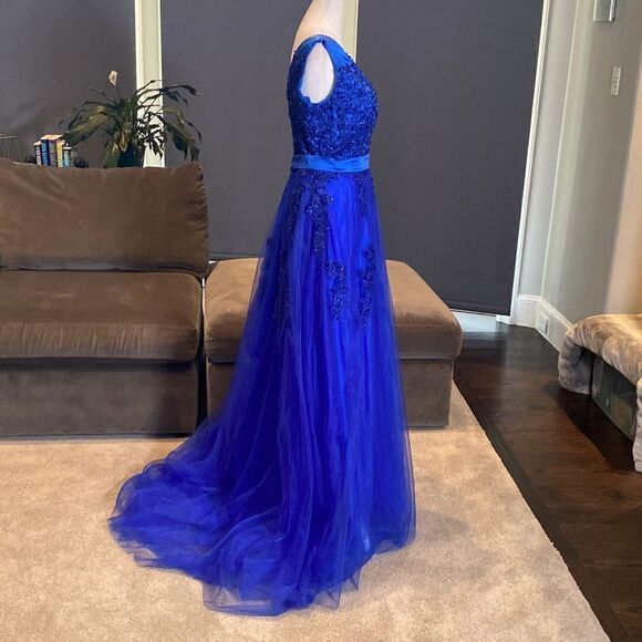 Women’s Blue Full Length Prom Party Dress with Small Train & Corset Back Size 6 - Picture 9 of 12
